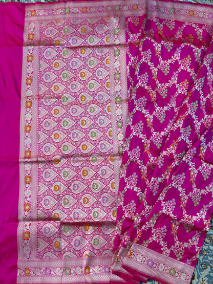 Rani pink pure Katan Jangla Meenakari Banarasi Handloom Saree