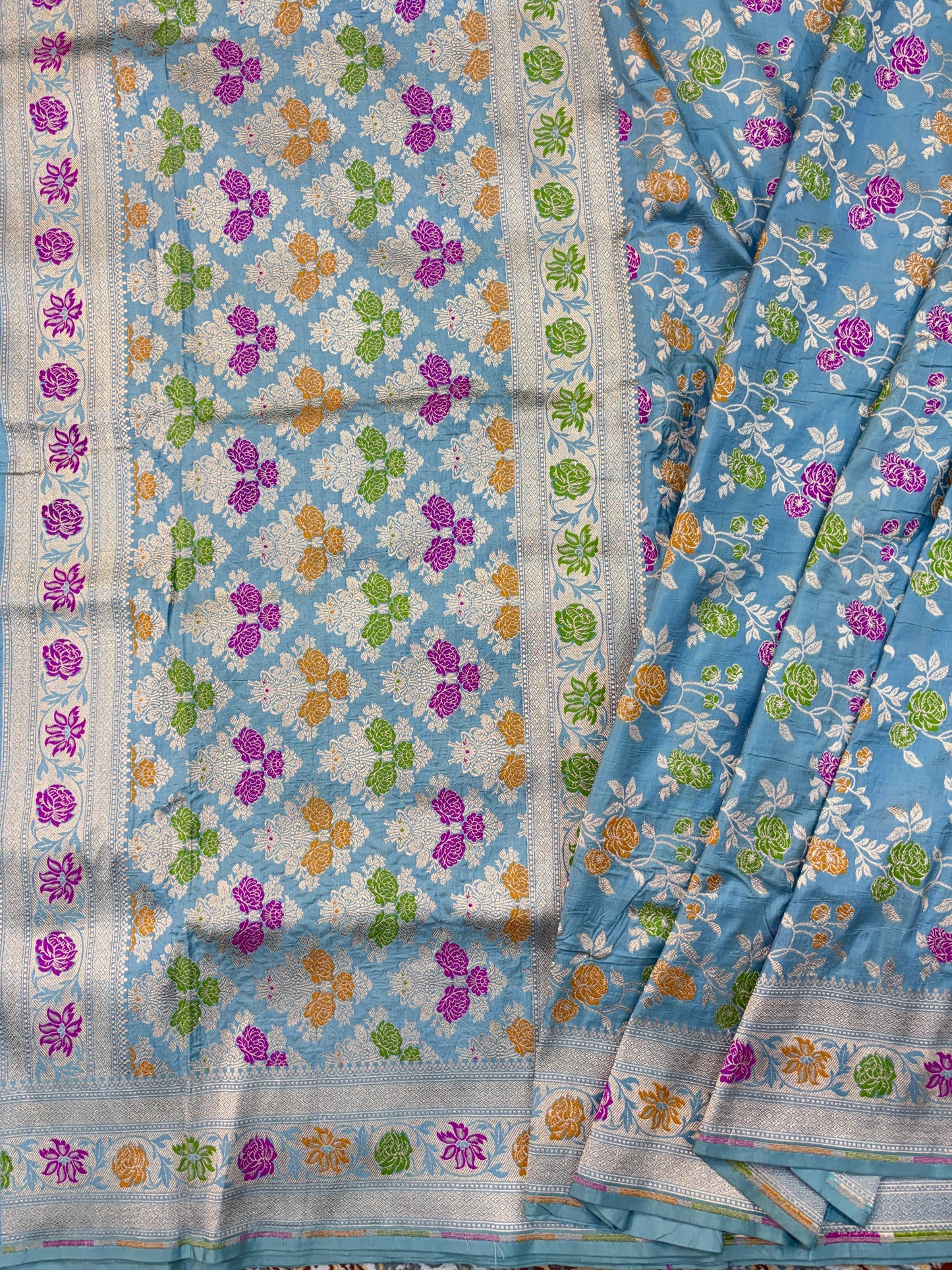 Powder blue Katan silk saree panel with multicolor floral print and woven border