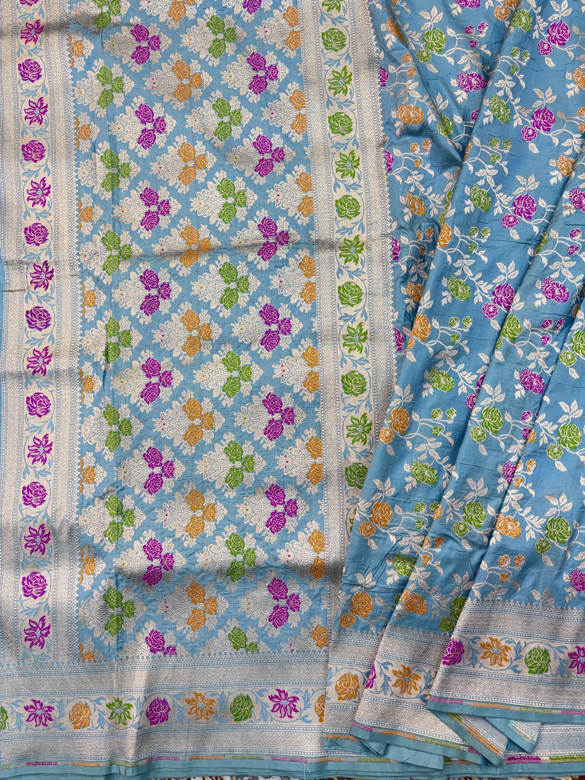 Powder blue Katan silk saree panel with multicolor floral print and woven border