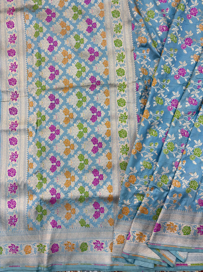 Powder blue Katan silk saree panel with multicolor floral print and woven border