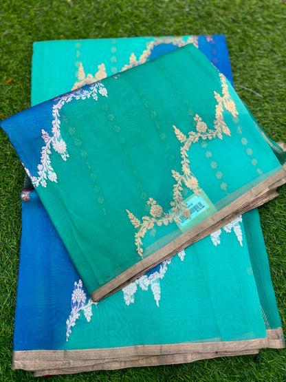 Sky Blue Pure Kora Katan Rungkaat Banarasi Handloom Saree