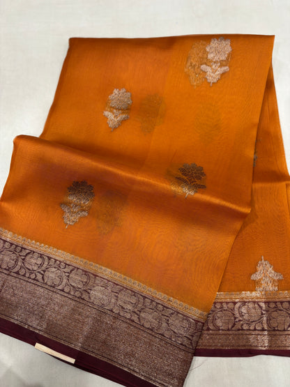 Yellow with brown border, pure Kora Antique Zari, Banarasi Handloom sari