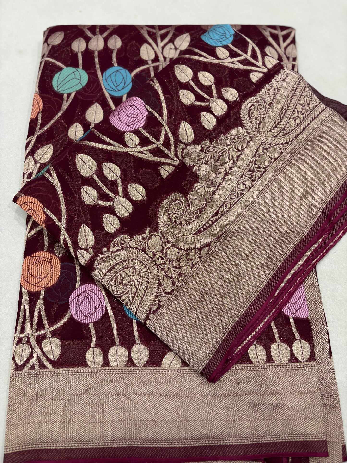Dark Wine Semi Khaddi Georgette Banarasi Handloom Saree 