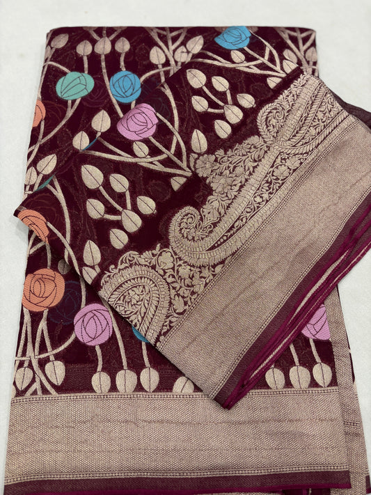 Dark Wine Semi Khaddi Georgette Banarasi Handloom Saree 