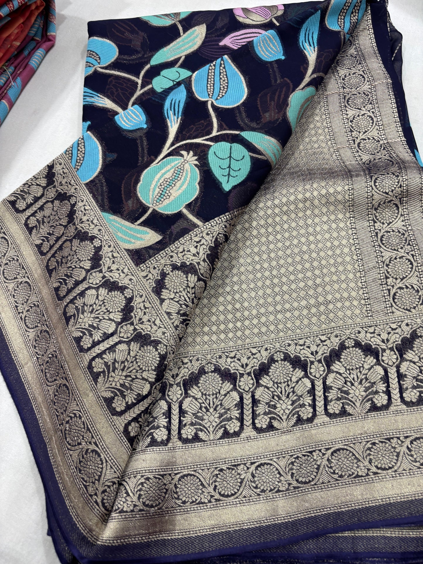 Royal Blue Semi Khaddi Georgette Banaras Sari 