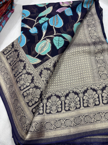 Royal Blue Semi Khaddi Georgette Banaras Sari 