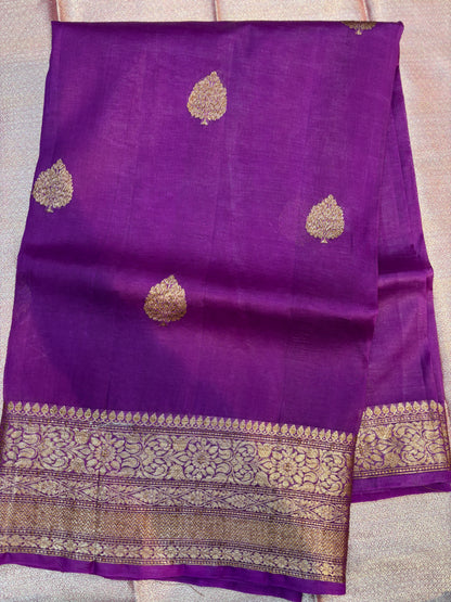 Purple Pure Kora Antique Zari Banarasi Handloom Saree
