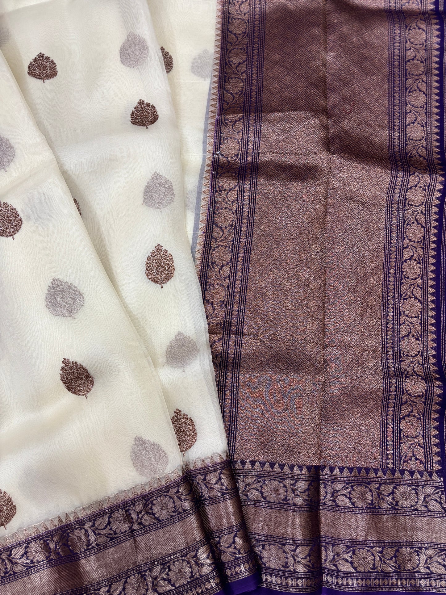 White With Blue Border Pure Kora Antique Zari Banarasi Handloom Saree