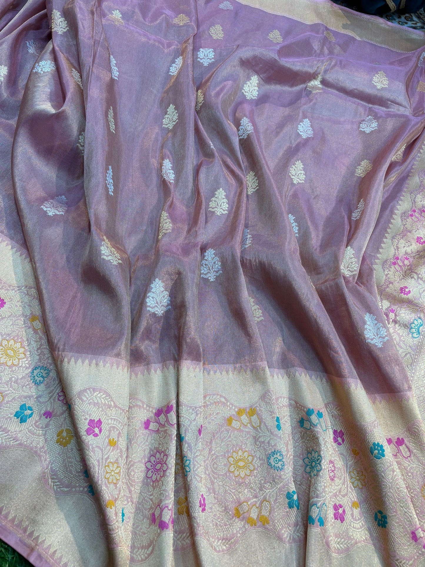 Lavender pure Katan Tissue with heavy Border Handwoven sarees