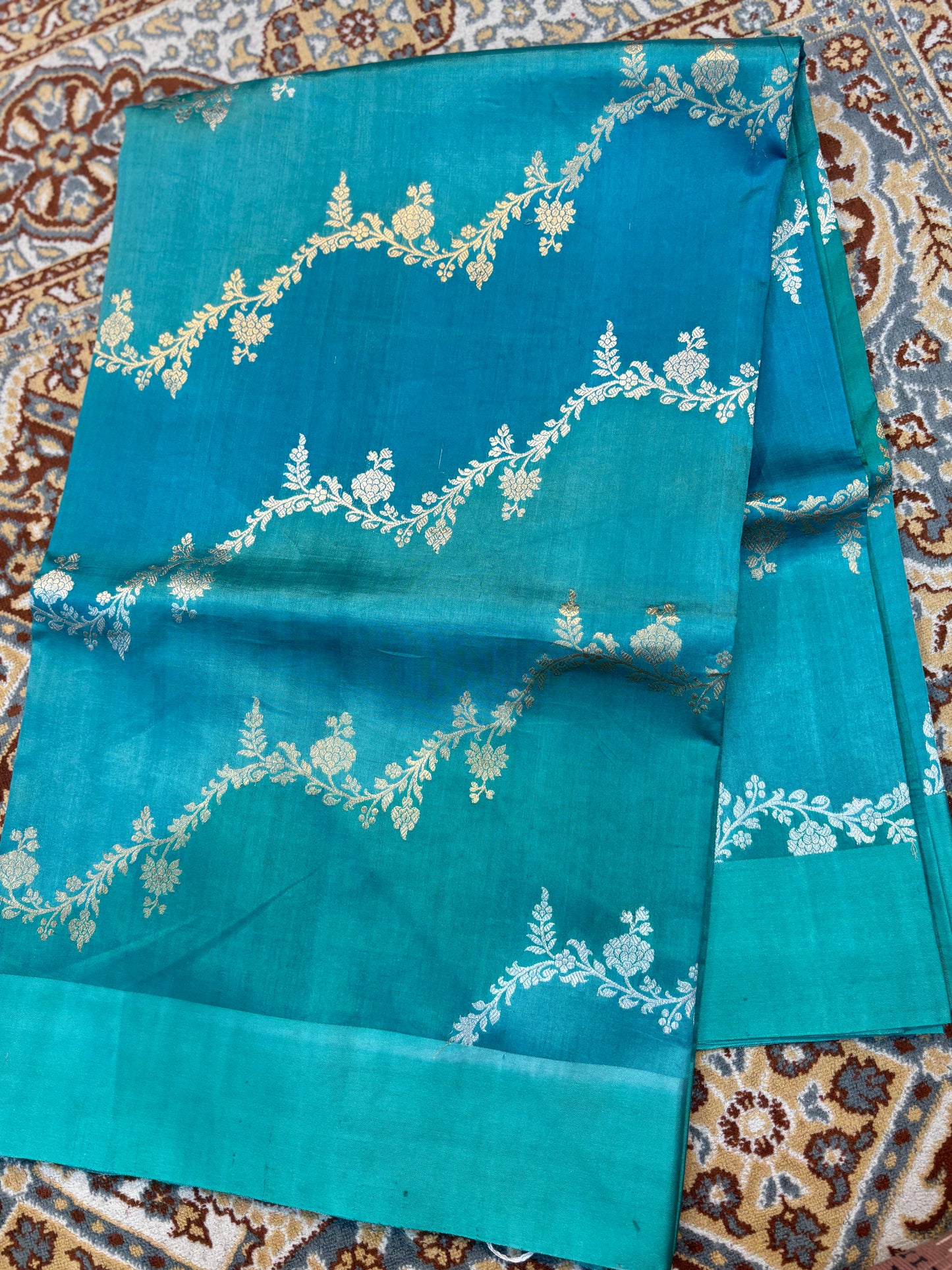 Dark Sky Blue Pure Raw Mango Rungkaat Banarasi Handloom Saree
