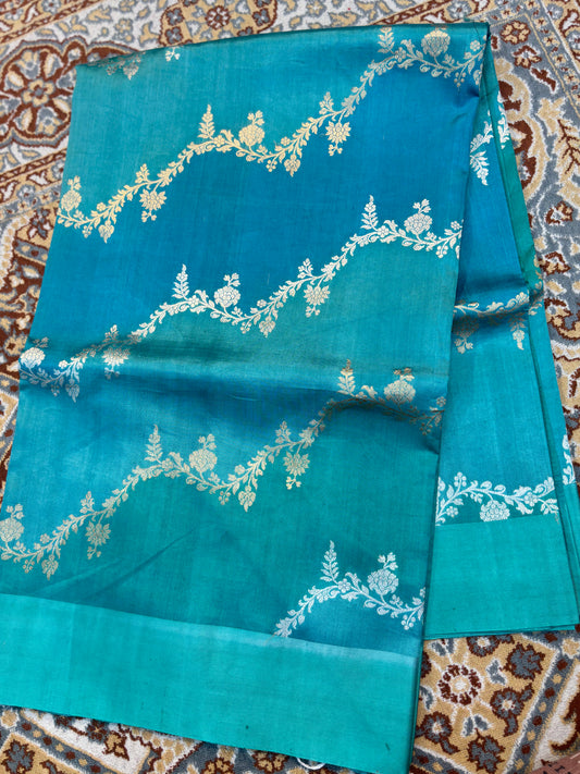 Dark Sky Blue Pure Raw Mango Rungkaat Banarasi Handloom Saree