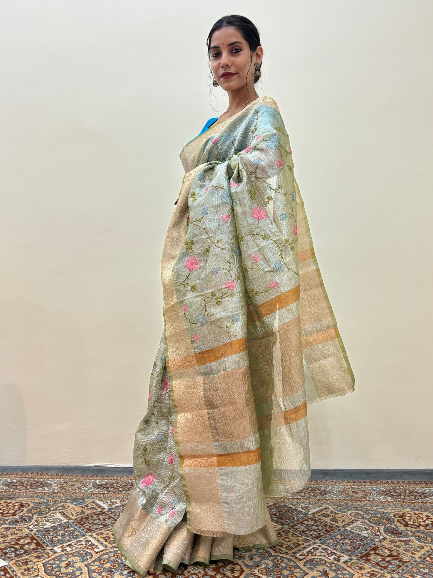 Light Green Crush Tissue With Embroidery Banarasi Handloom Saree