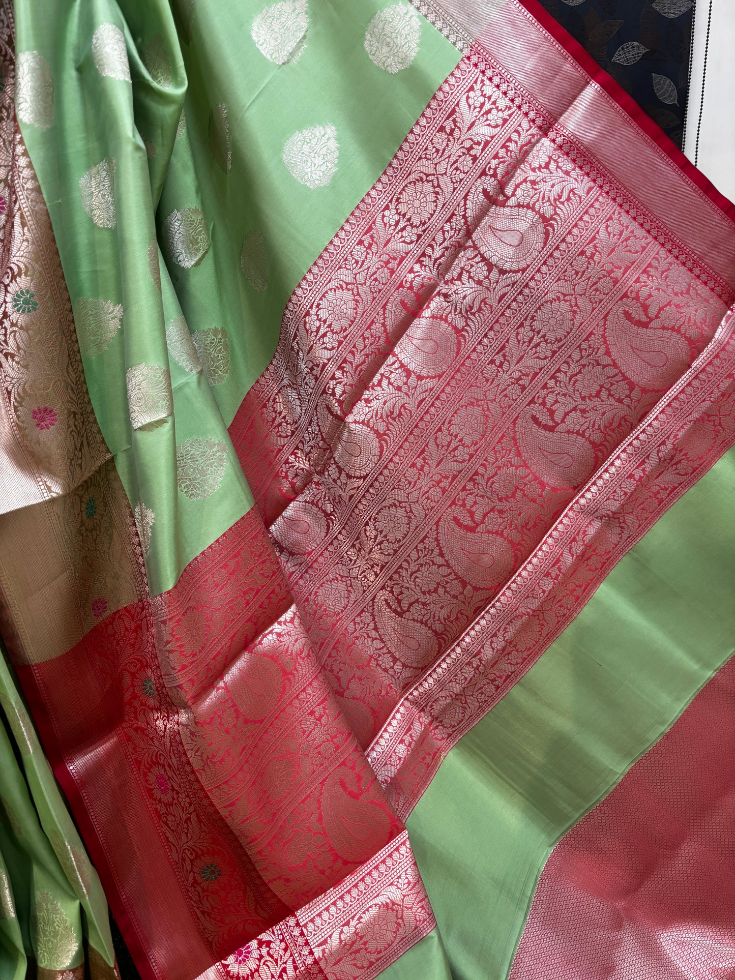 Pista Green With Red Semi Katan Bataya Handloom Saree