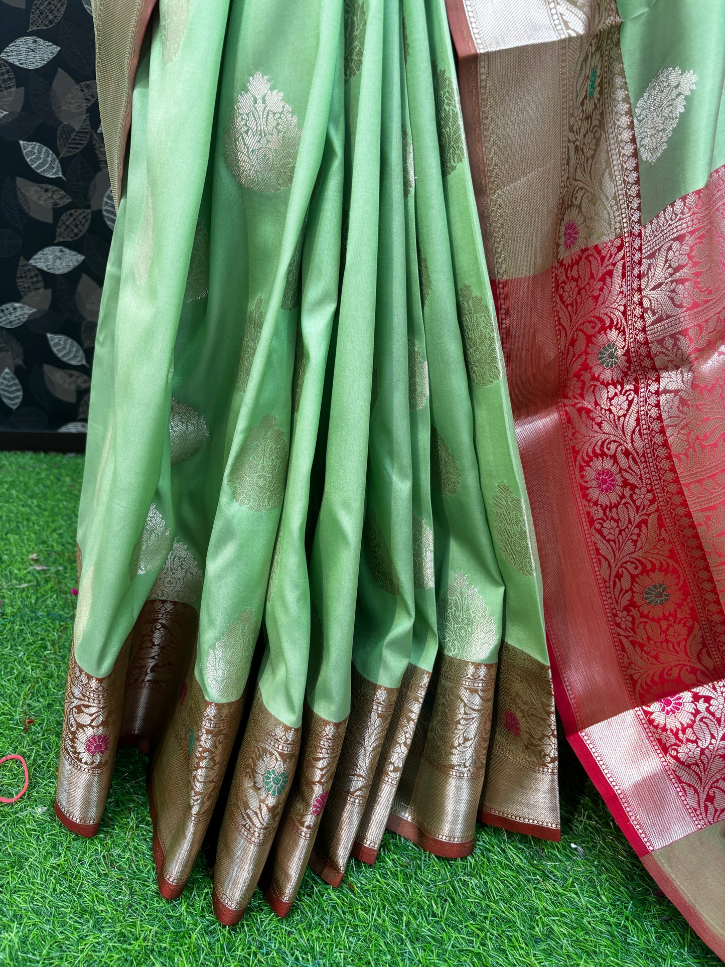 Pista Green With Red Semi Katan Bataya Handloom Saree