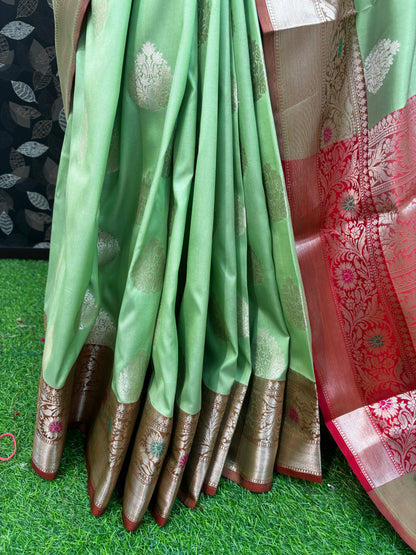 Pista Green With Red Semi Katan Bataya Handloom Saree