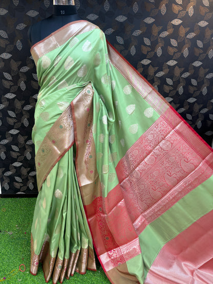 Pista Green With Red Semi Katan Bataya Handloom Saree