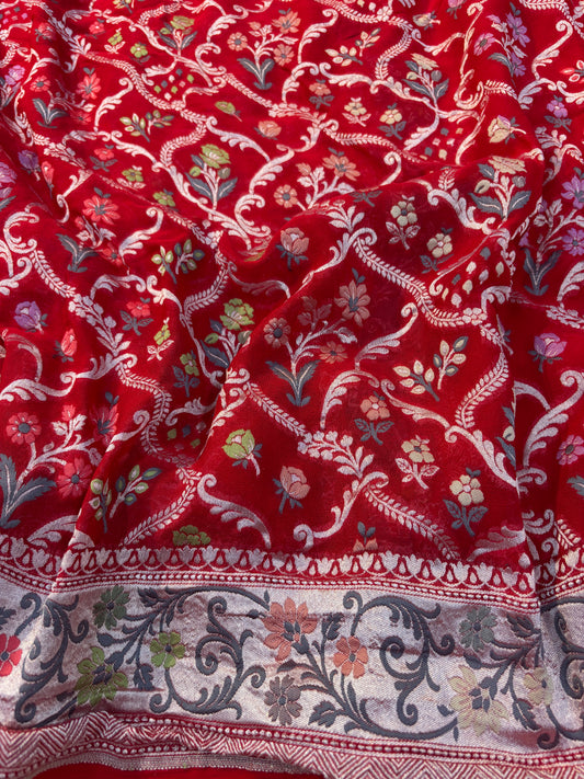Red Puri Khaddi Georgette MeenaKari Banarasi Handloom sari