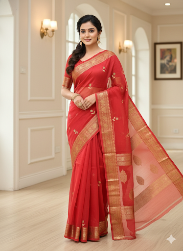 Red silk sari with gold zari border and patterned pallu, draped with blouse piece