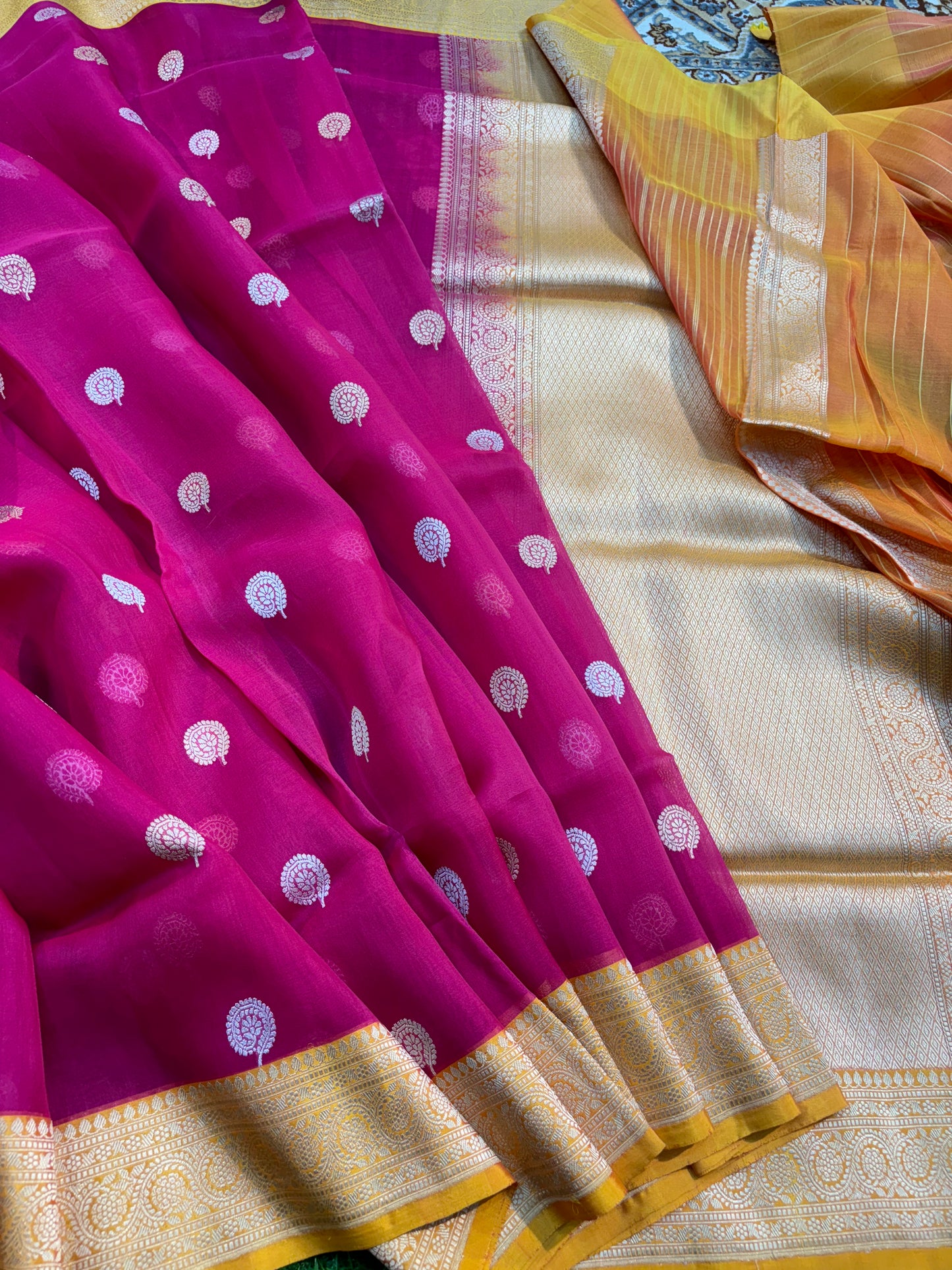 Exclusive Rani Pink Pure Kora Katan Kadhiyal  Handloom Banarasi Saree