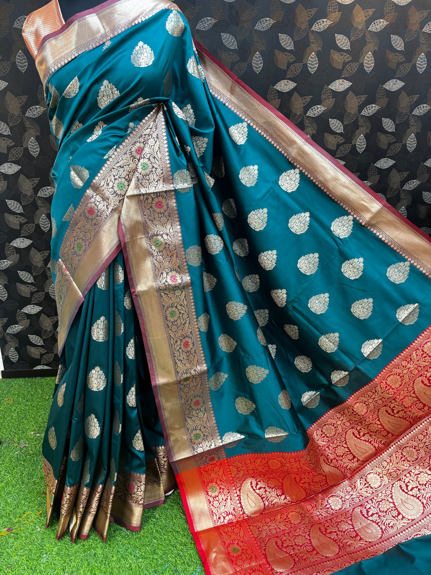 Blue Sky With Red Semi Katan Banarasi Saree