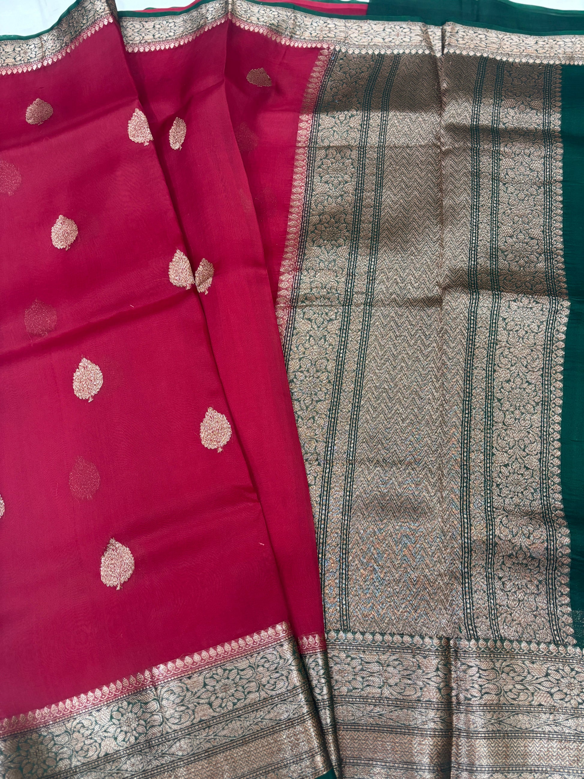 Red With Rama Green Pure Kora Antique Zari Banarasi Handloom Saree 