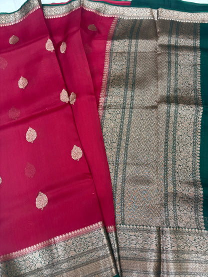 Red With Rama Green Pure Kora Antique Zari Banarasi Handloom Saree 