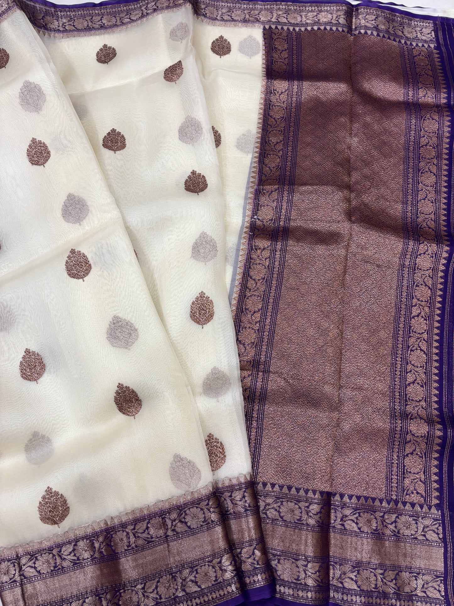 White With Blue Border Pure Kora Antique Zari Banarasi Handloom Saree
