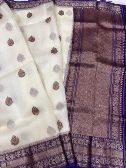 White With Blue Border Pure Kora Antique Zari Banarasi Handloom Saree
