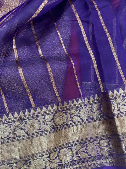 Red with Blue Pure Kora Antique Zari Banarasi Handloom Saree 