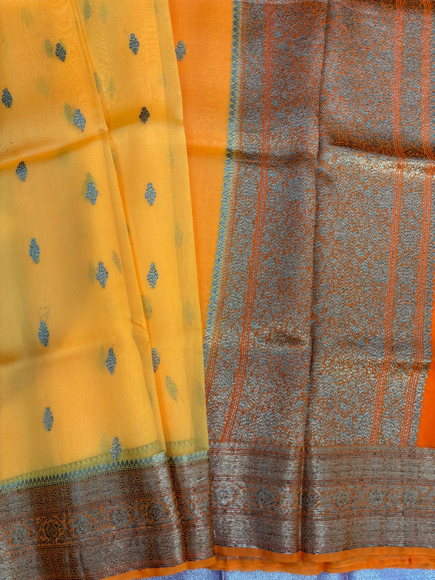 Yellow, orange, Pure Kora antique, Banarasi Handloom saree