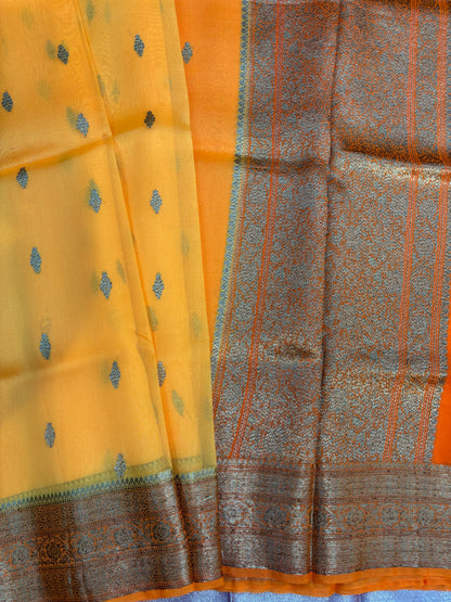 Yellow, orange, Pure Kora antique, Banarasi Handloom saree