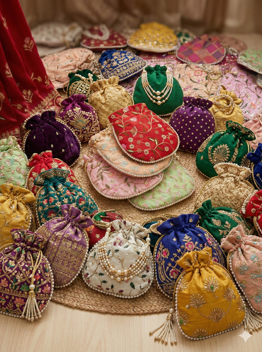 Decorative potli pouches with embroidered fabric and beaded drawstrings, assorted colors