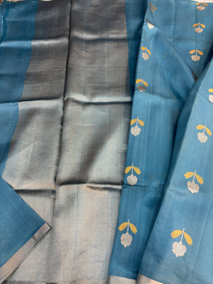 Powder Blue Pure Katan Raw Mango Banarasi Handloom Saree
