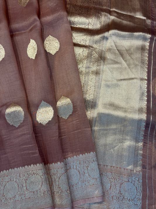 Light Brown Pure Kora Kadhiyal Banaras Handloom Saree