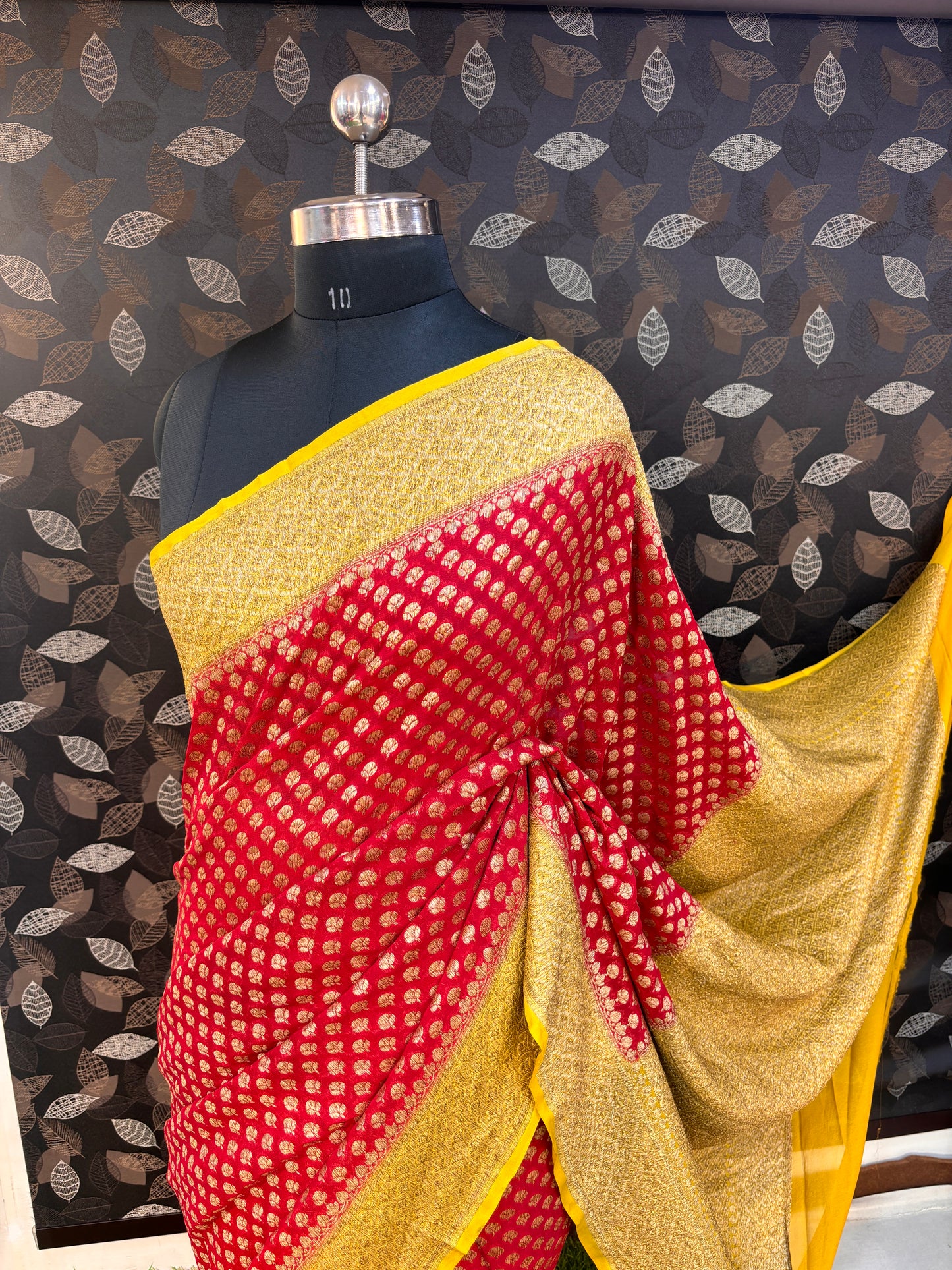 Red Yellow Pure Chiffon Banarasi Handloom Saree