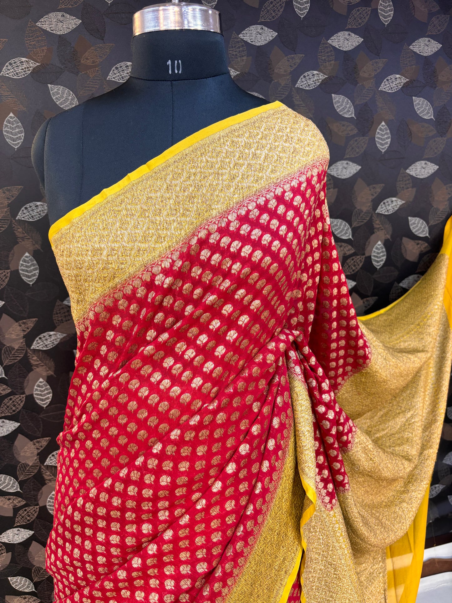 Red Yellow Pure Chiffon Banarasi Handloom Saree