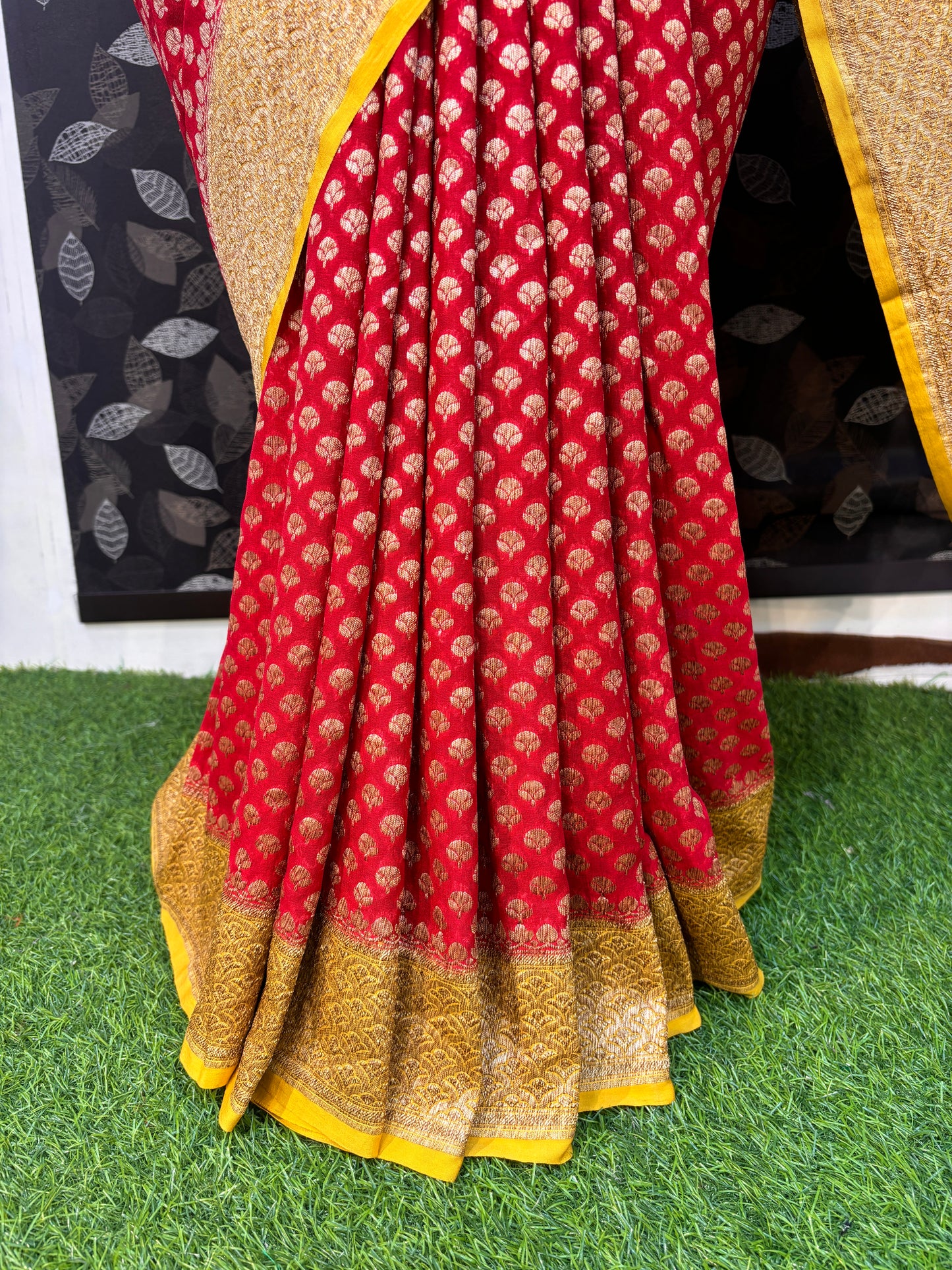 Red Yellow Pure Chiffon Banarasi Handloom Saree