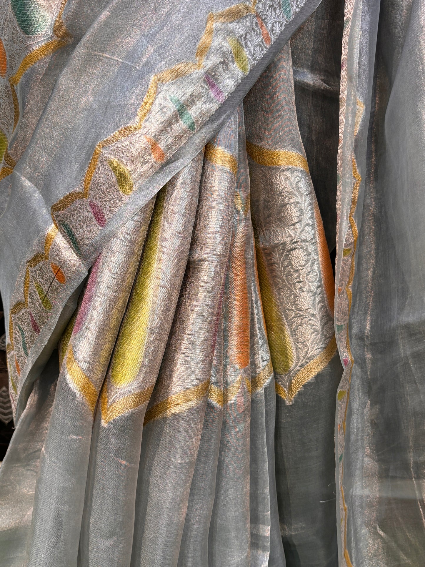 Gray Pure kora Tissue Rungkaat Banarasi Handloom Saree