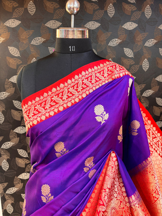 Purple Red Pure Katan Kadhiyal Boota Banarasi Handloom Saree