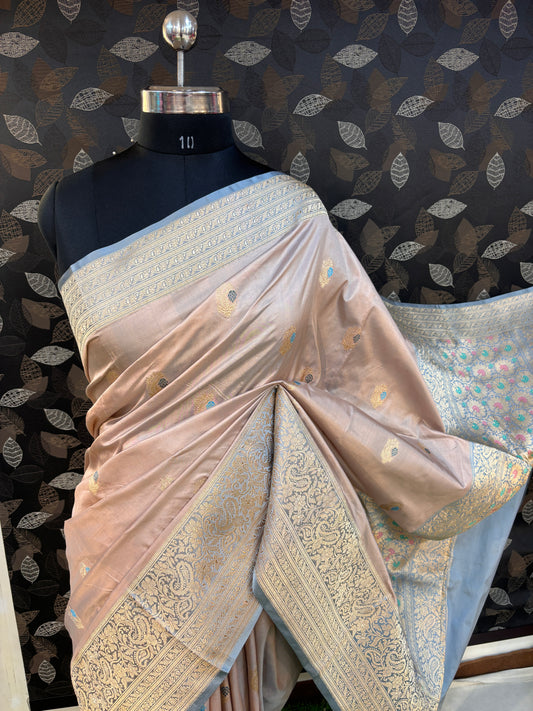 Creamy Pure Katan Kadhiyal Meenakari Banarasi Handloom Saree