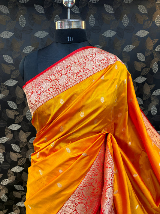 Yellow-Red Pure Katan Kadhiyal Booti Banarasi Handloom Saree