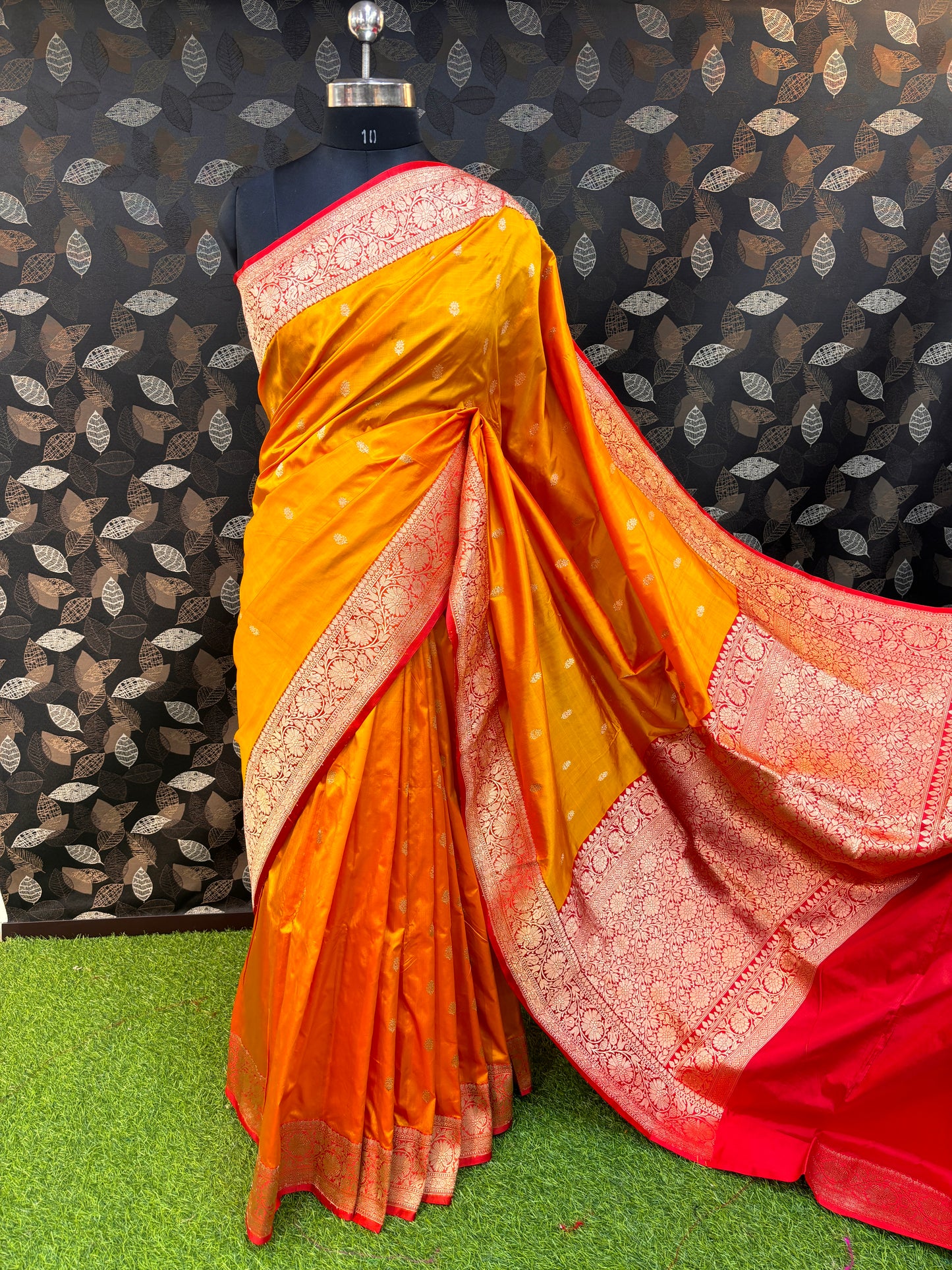 Yellow-Red Pure Katan Kadhiyal Booti Banarasi Handloom Saree