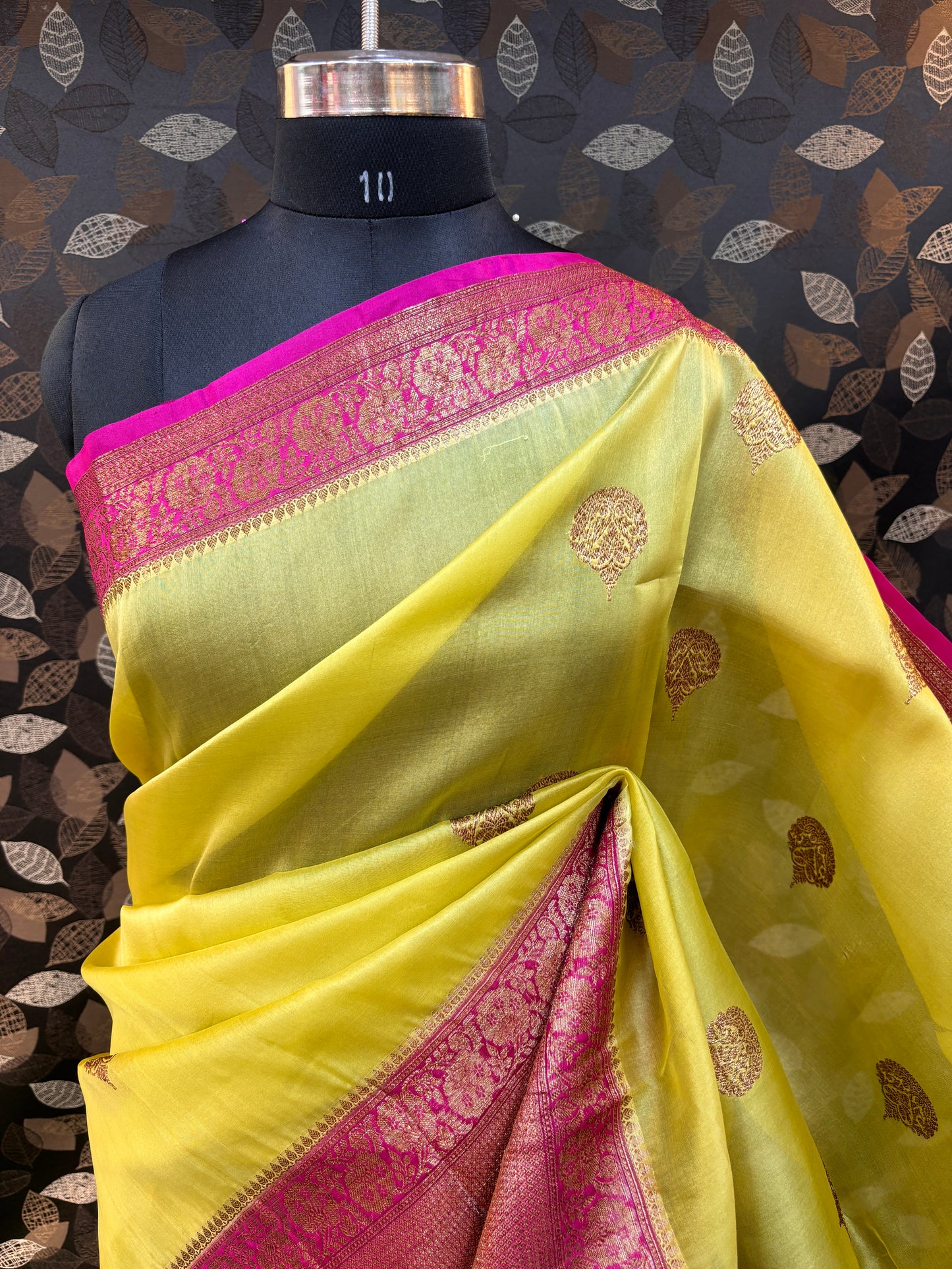 Lemon Yellow- Rani  Pink Pure Kora Katan Banarasi Saree