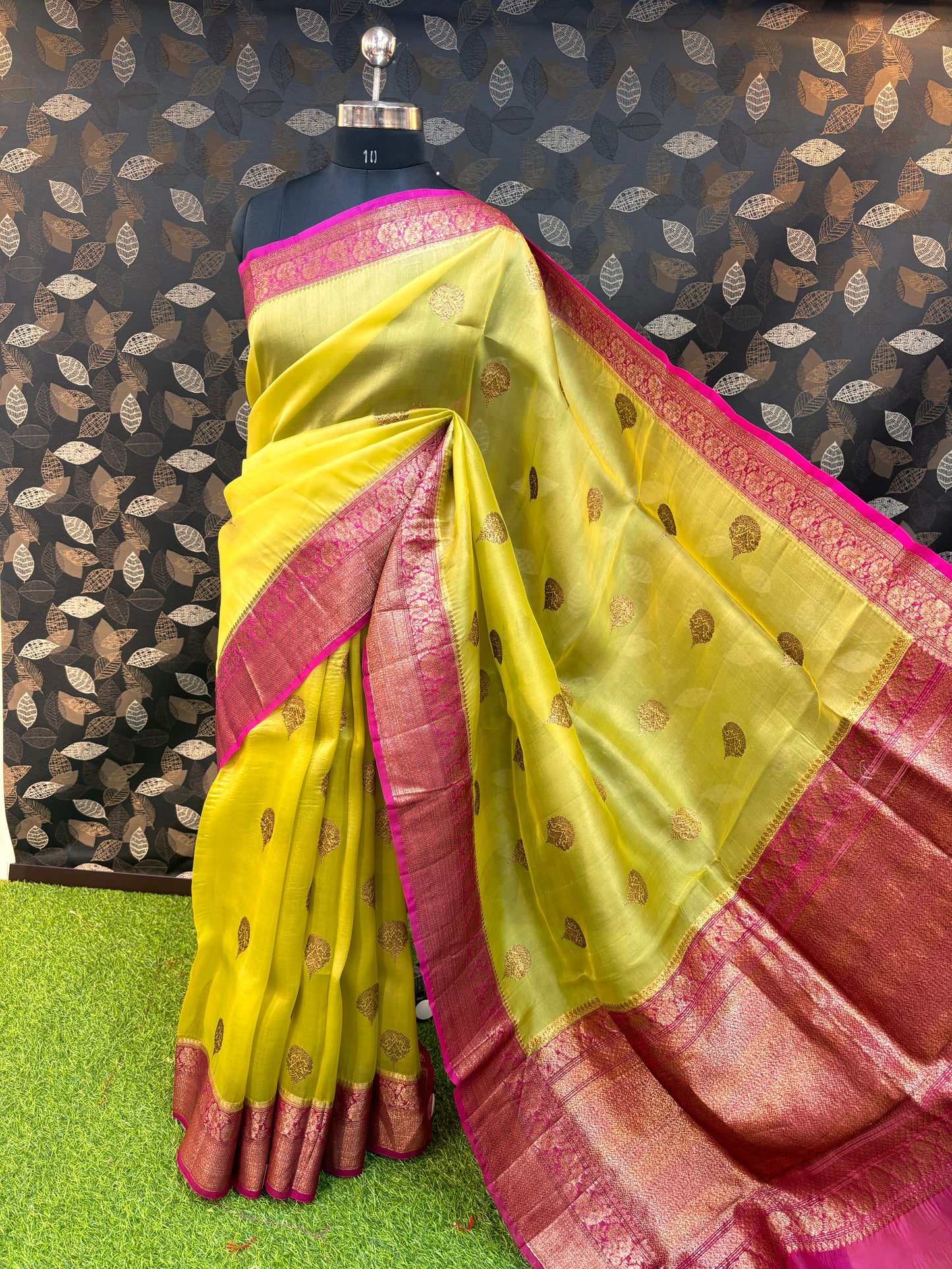 Lemon Yellow- Rani  Pink Pure Kora Katan Banarasi Saree