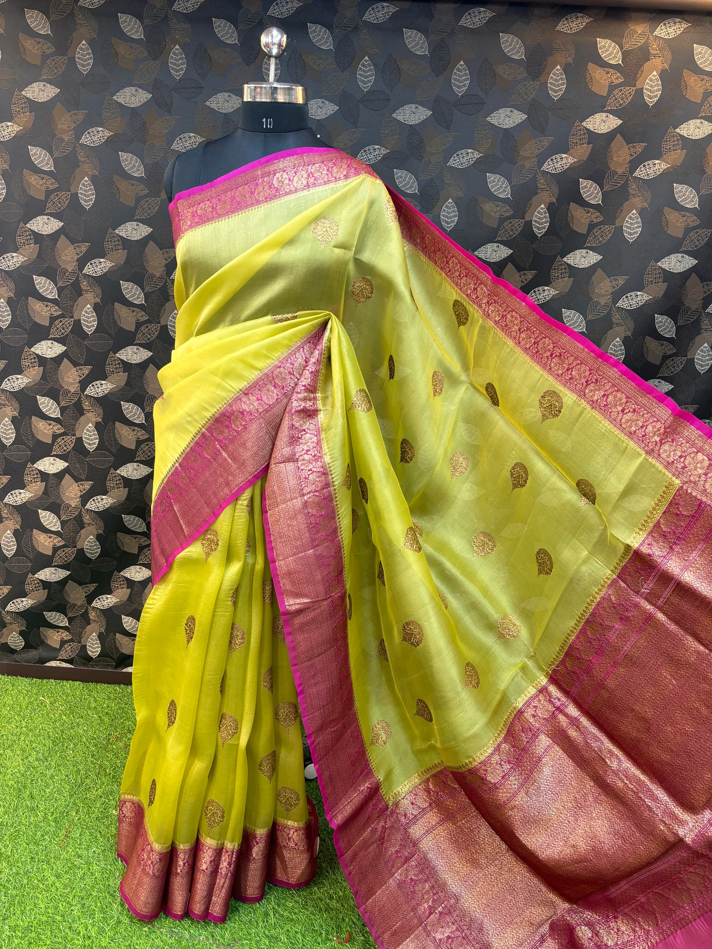 Lemon Yellow- Rani  Pink Pure Kora Katan Banarasi Saree