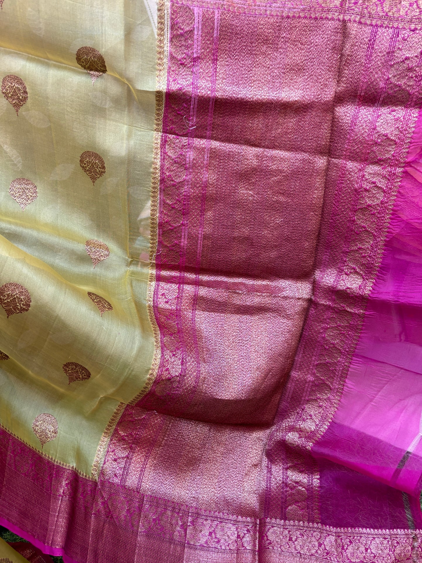 Lemon Yellow- Rani  Pink Pure Kora Katan Banarasi Saree