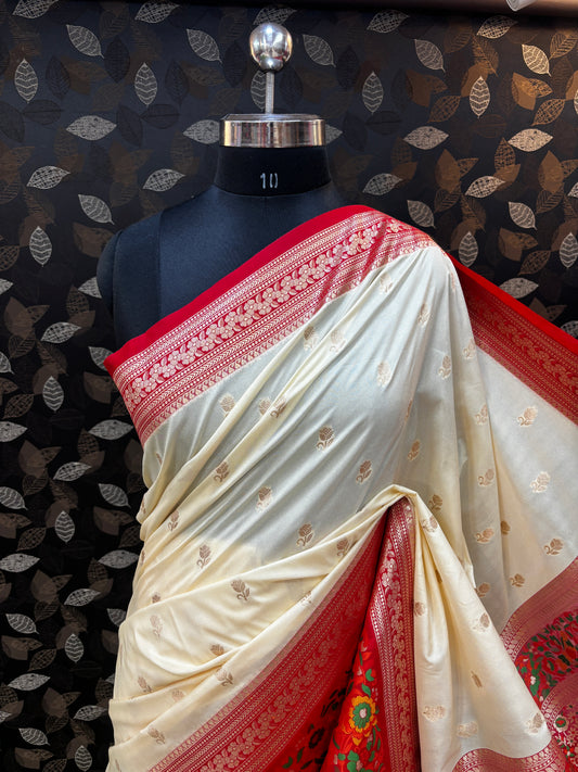 Off White with Maroon Pathini Semi Katan Silk Saree