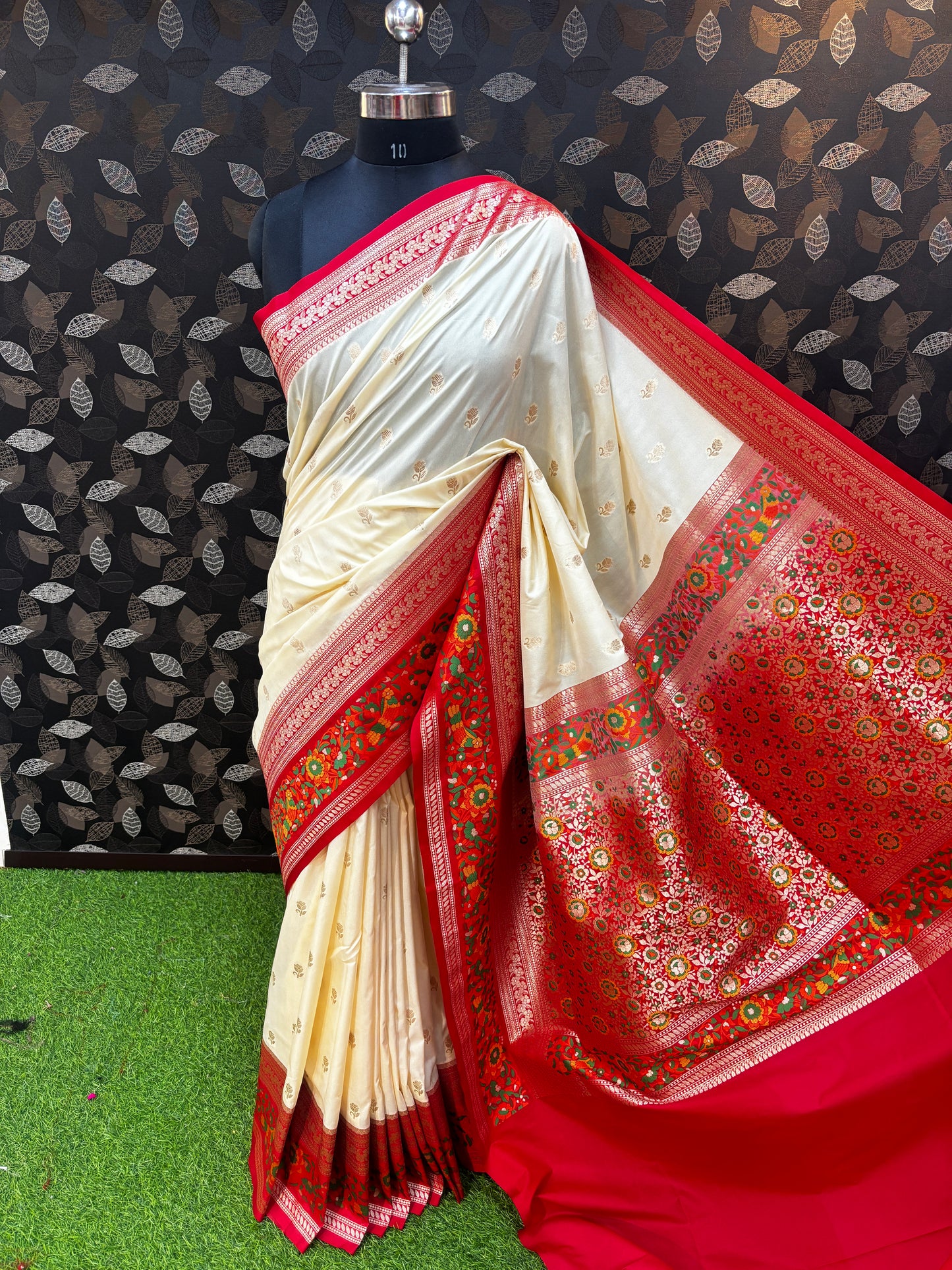 Off White with Maroon Pathini Semi Katan Silk Saree