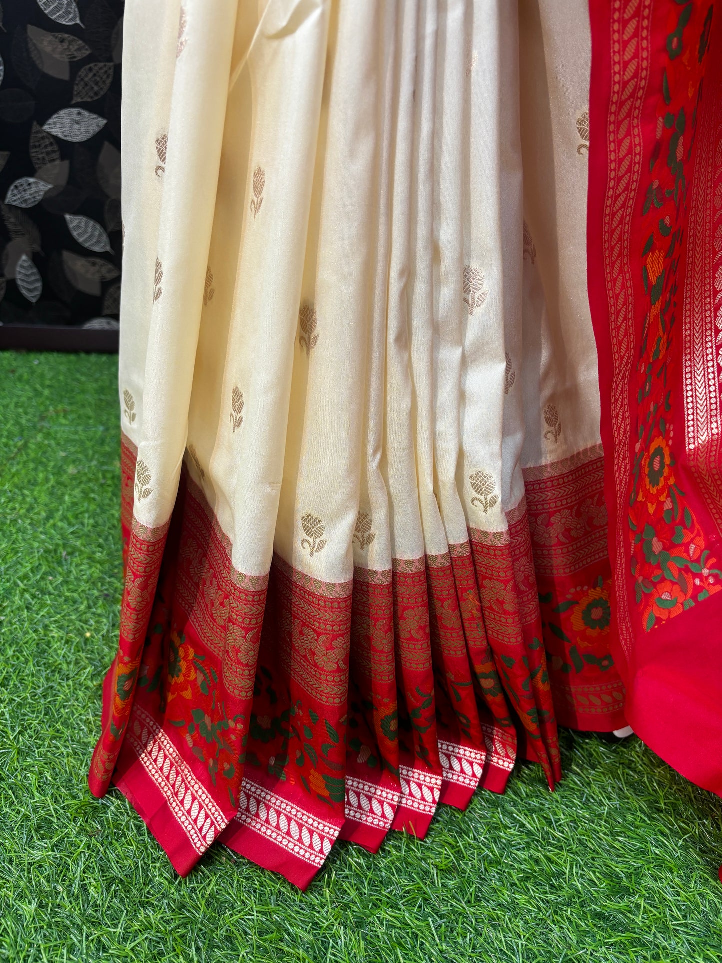 Off White with Maroon Pathini Semi Katan Silk Saree