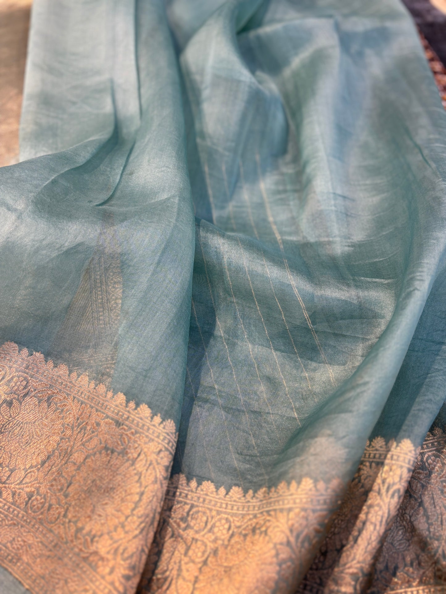 Powder Blue Pure Kora Kadhiyal Banaras Handloom Saree